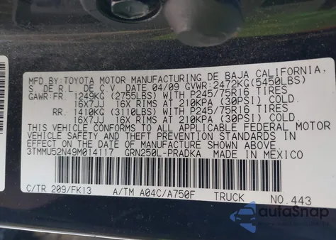 2009 Toyota Tacoma Base V6 z USA, uszkodzony, nr VIN 3TMMU52N49M014117
